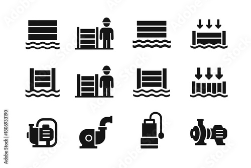 Collection of water pump and flood gate icons for infrastructure design
