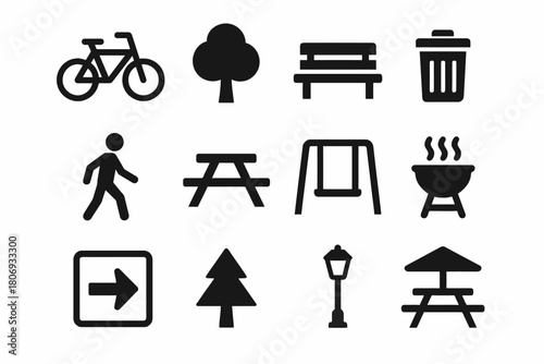 Set of park icons including bicycle, bench, swing, and trash can