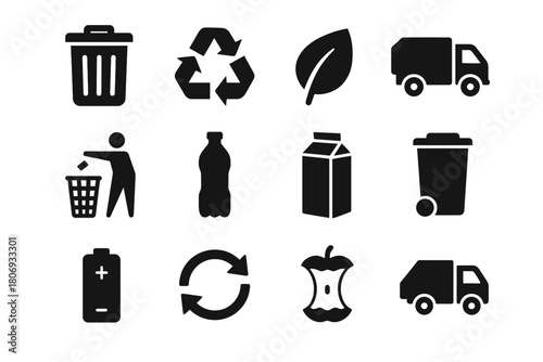 Recycling and waste management icons: bin, truck, recycle symbol, leaf, and battery
