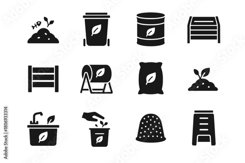 Composting symbols collection: recycling, waste management, sustainability, eco-friendly icons