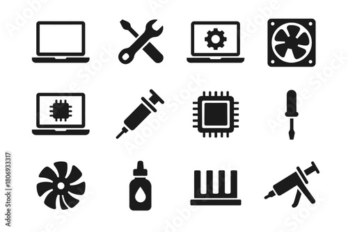Computer hardware icons: laptop, tools, cpu, fan, syringe, dropper