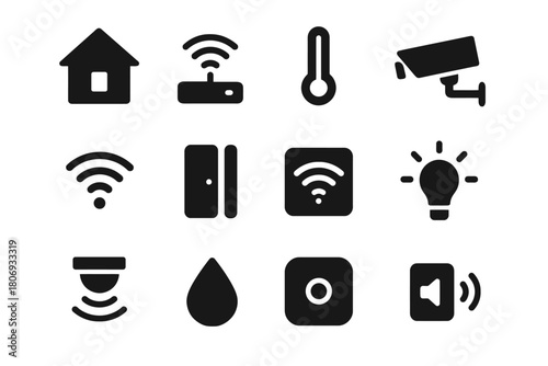 Smart home technology icons: security, connectivity, automation, sensors, control