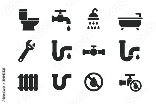 Plumbing icon set featuring toilet faucet shower bathtub wrench pipes valve