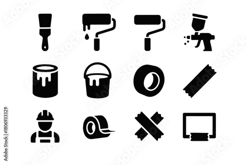 Set of painting tools and accessories icons: brush, rollers, spray gun, and tape