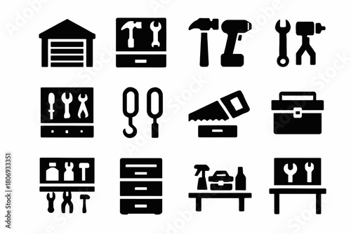 Garage workshop tool icons set: hammer, drill, screwdriver, toolbox