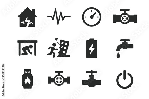 Disaster preparedness icons: earthquake, safety, evacuation, energy, water, gas, emergency