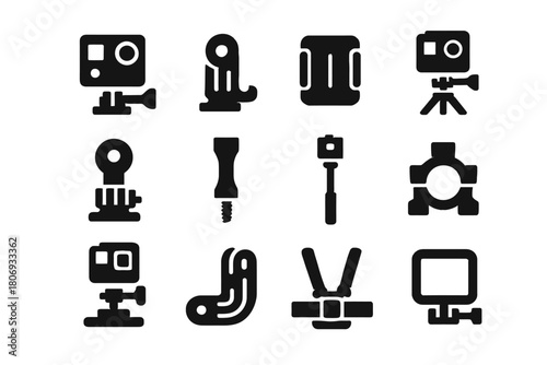 Action camera and accessory icons set with mounts and grips