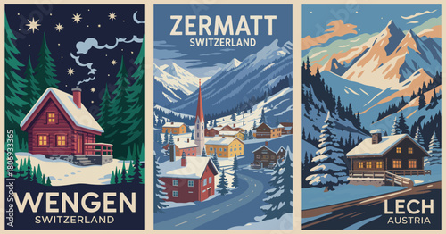 Ski travel posters featuring zermatt, wengen switzerland, and lech austria with vintage colorful vector illustrations, perfect for winter holidays and decorative wall art.