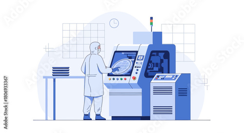 Illustration depicting advanced technology semiconductor manufacturing process and engineer