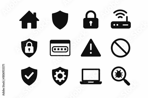 Home security and data protection icons set including lock, shield, and wifi symbols