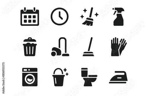 Household chores icons: calendar, cleaning tools, vacuum, laundry, iron
