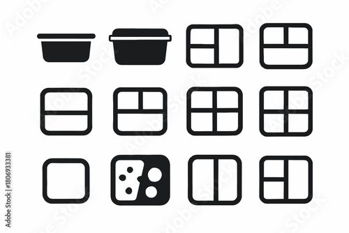 Collection of black food container icons with various compartment designs