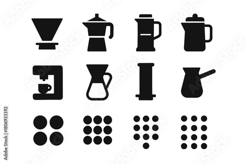 Silhouette icons of coffee making equipment and brew methods