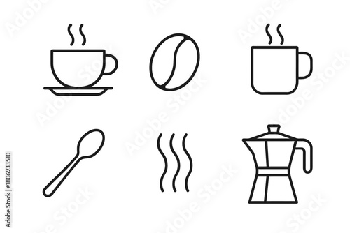 Simple coffee icon set featuring cup, bean, spoon, steam, and kettle designs