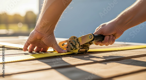 Man using a yellow ratchet strap to secure cargo. Transportation safety and professional heavy duty freight loading equipment. Strong webbing tie down.