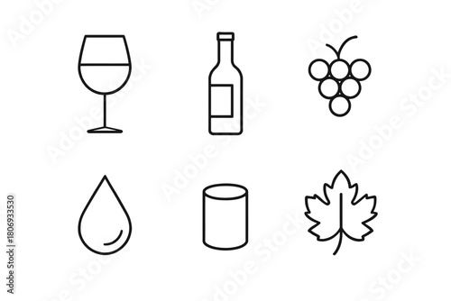 Wine elements: glass, bottle, grapes, water, barrel, leaf icons in minimalist style