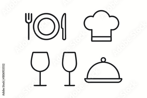 Line art icon set: dining tableware and chef hat symbols