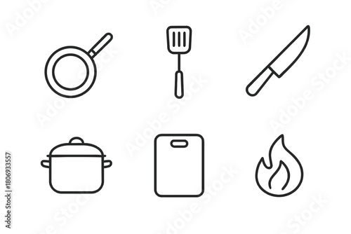 Minimalist kitchen tools icons: pan, spatula, knife, pot, cutting board, flame
