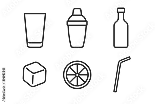 Cocktail icons: glass, shaker, bottle, ice cube, citrus slice, straw