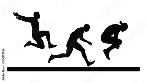 Long jump athlete silhouettes isolated on white background, Vector