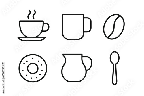 Minimalist coffee icons: cup, mug, bean, donut, jug, spoon