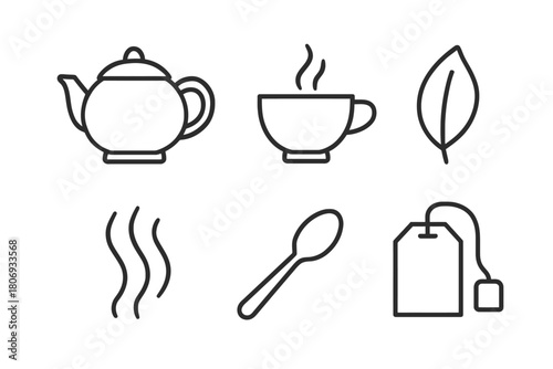 Tea set icons: teapot, teacup, leaf, spoon, steam, teabag