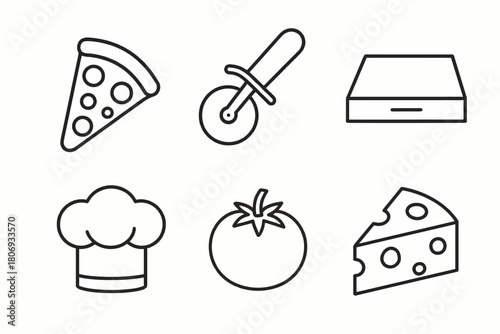 Pizza ingredients and tools icon set: slice, cutter, box, chef hat, tomato, cheese