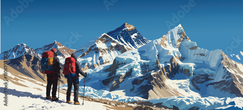 Mount Everest and nuptse as seen from kala patthar with two hikers, vector illustration, Mt everest 8,848 m, khumbu valley, nepal himalayas mountains, trekking adventure and scenic landscape design.