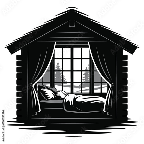 Cozy Winter Cabin Bedroom with Snowy Forest View Vector Illustration – Peaceful Christmas and New Year Morning Scene, Warm Log House Interior with Bed, Window, and Winter Landscape