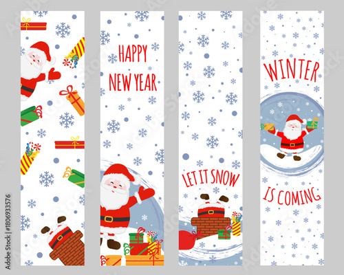  Set of bookmarks with cute Santa Claus and gifts.
