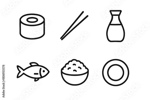 Sushi and japanese cuisine icons: fish, rice, chopsticks, soy sauce, and plate