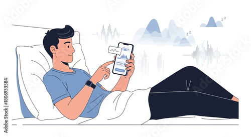 Illustration of a relaxed man in bed using a sleep tracking app on his smartphone before sleep