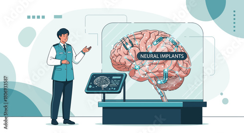 Illustration of a neuroscientist presenting a brain model with neural implants on a display table