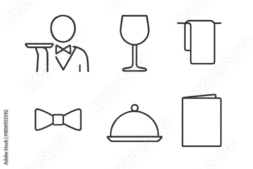 Elegant line icons of waiter, wine glass, towel, bowtie, dish, and menu