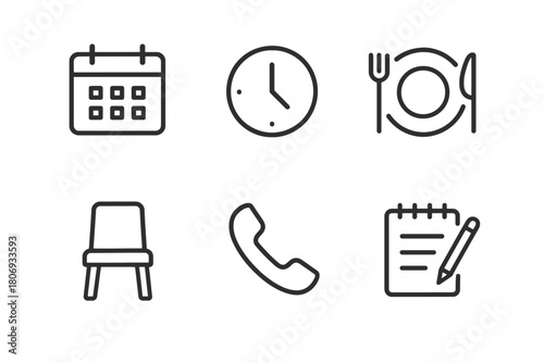 Set of minimalist icons for calendar, clock, dining, chair, phone, and notepad
