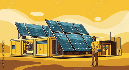 Illustration of a sustainable energy solar panel installation with a person observing it in a