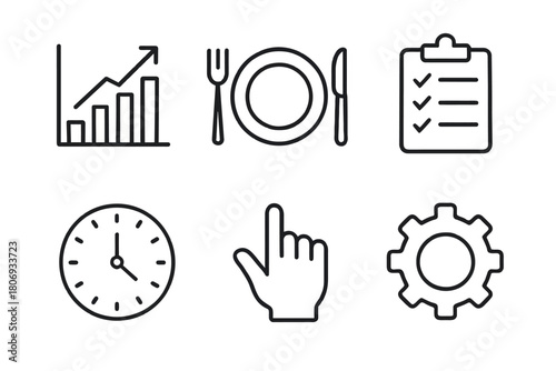 Collection of business, dining, and management icons in black and white outline