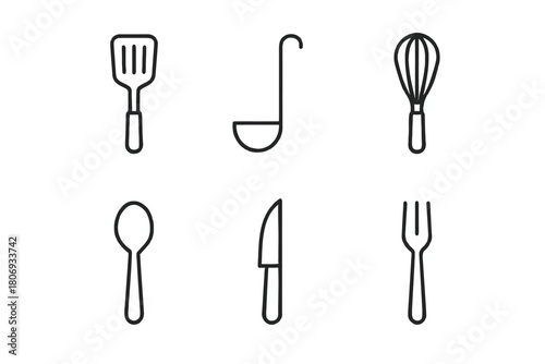 Simple outline icons of kitchen utensils including spatula ladle whisk spoon knife fork
