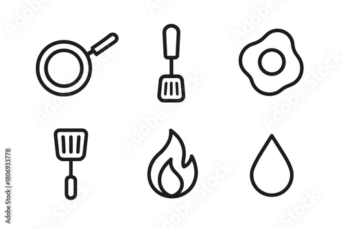 Cooking icon set: frying pan, spatula, egg, flame, water drop symbols