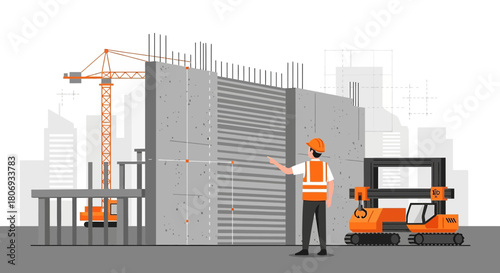 Illustration of building construction with worker, crane and robotic construction arm