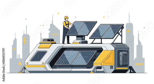 Illustration of futuristic solar power station operated by an engineer with city view