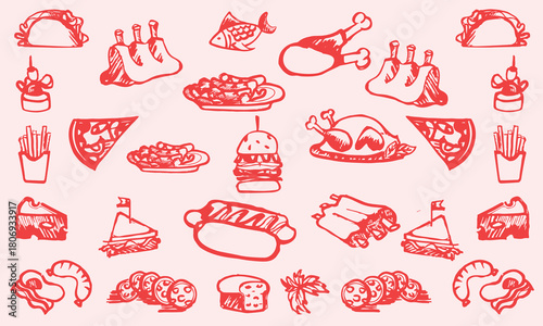 Hand drawn chalk food illustrations. Mediterranean dinner. Wine, champagne tower, charcuterie drawings for wedding invitations, menus, parties. Vector illustration La dolce vita italian sketch style
