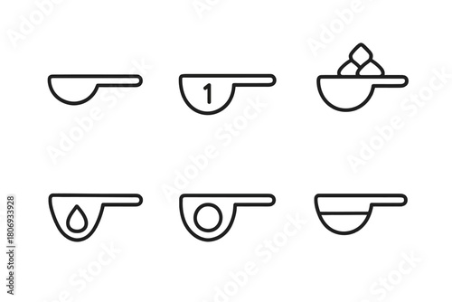 Minimalist icon set of measuring spoons and cups in various designs