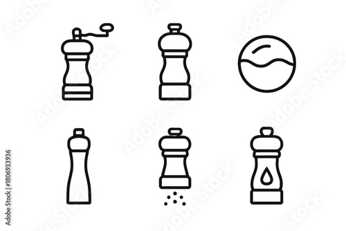 Simple black and white line icons of salt and pepper shakers and seasoning