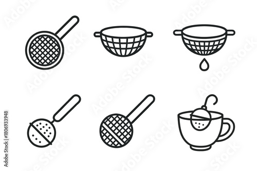 Set of kitchen strainers and tea infuser icons for culinary use