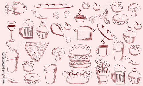 Hand drawn chalk food illustrations. Mediterranean dinner. Wine, champagne tower, charcuterie drawings for wedding invitations, menus, parties. Vector illustration La dolce vita italian sketch style
