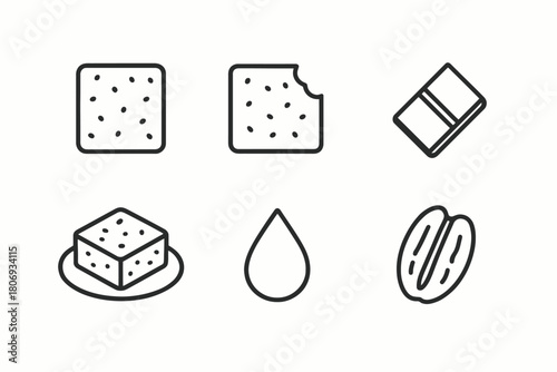 Minimalist black and white icons of crackers, chocolate, cube, water drop, nut