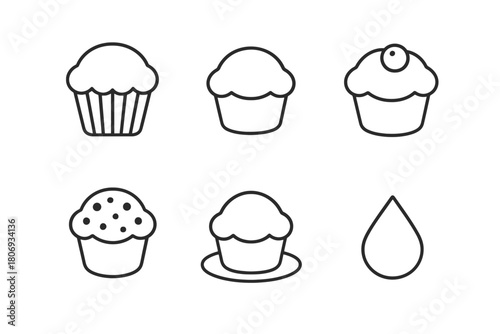 Minimalist cupcake icons with simple line designs and a teardrop element