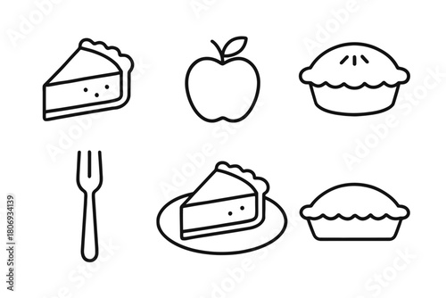 Apple and pie icons set with fork and slice on plate