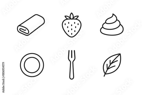 Minimalist icons: towel, strawberry, cream, plate, fork, leaf in black line art